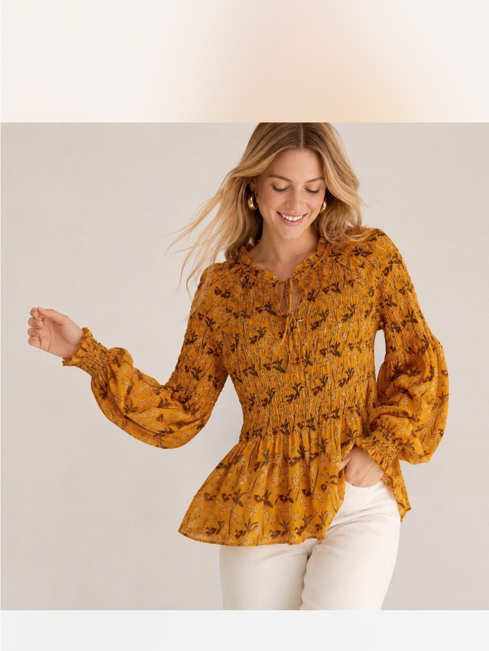 Rose & Olive yellow Mustard Floral Smocked balloon sleeves top